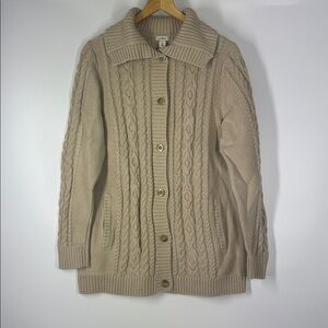 LL BEAN Cable Knit Cream Button Down Cardigan Size Large